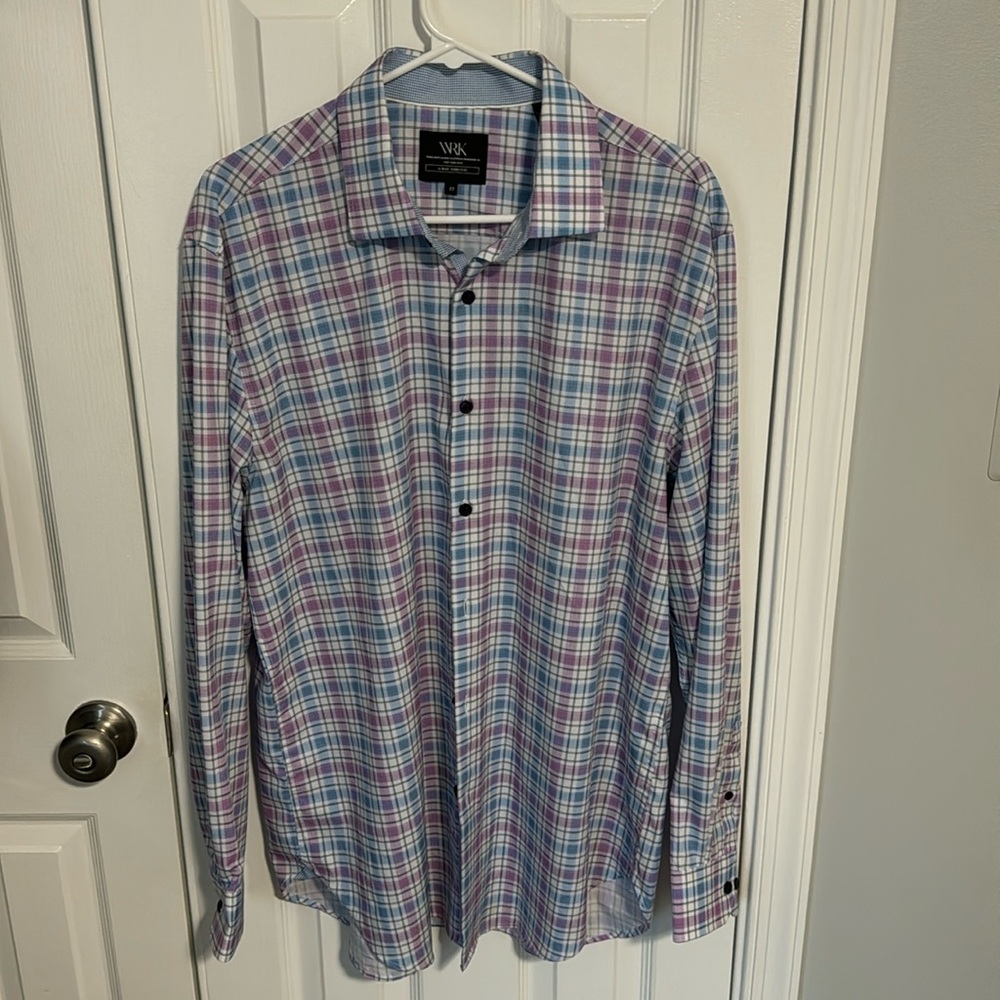 WRK Men’s Dress Shirt - White with Blue, Pink, and Black Pattern - Sz 17